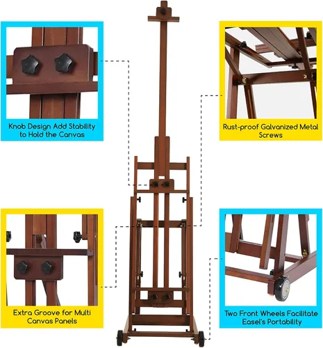 Miniatura 5 de MEEDEN Caballete de estudio con marco en H, caballete de madera de haya ajustable, soporte de caballete de piso para pintura, plano móvil e