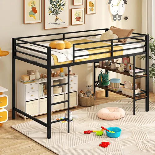 Giantex Cama baja tipo loft tamaño individual, marco de metal resistente con estantes de almacenamiento, escalera y barandillas de longitud