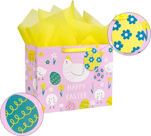 Miniatura 2 de MAYPLUSS Bolsa de regalo grande de Pascua de 13 pulgadas con tarjeta de felicitación y papel de seda, pollos rosados, letras de Pascua, bolsa