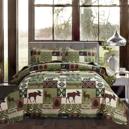 Miniatura 10 de Juego de edredón rústico de alce tamaño matrimonial/queen, colcha estilo lodge ligera de verano para cabaña, ropa de cama de campo, oso del bosque