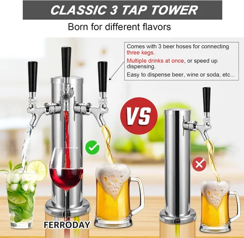 Miniatura 3 de FERRODAY Dispensador de torre de cerveza de 3 grifos, torre Kegerator de 3 pulgadas, torre de barril de cerveza de 3 pulgadas, kit de piezas