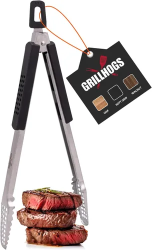 Miniatura 10 de Pinzas para barbacoa de acero inoxidable 18/0 de 9 pulgadas con mango ergonómico de madera de roble real para cocinar, accesorio duradero