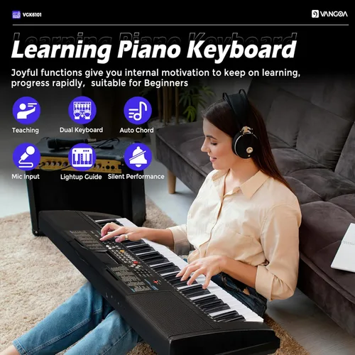 Miniatura 5 de Vangoa Piano de Teclado Eléctrico de 61 Teclas, Kit de Teclado de Piano Electrónico con Luces, 600 Voces, 400 Ritmos con Soporte para Piano, Negro