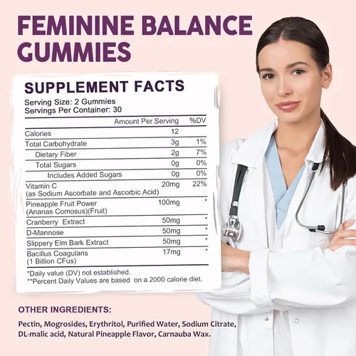 Miniatura 8 de Feminine Balance - Gomitas probióticas para mujeres, apoyan la salud vaginal, el equilibrio del pH, la frescura y la salud digestiva, con piña, olmo