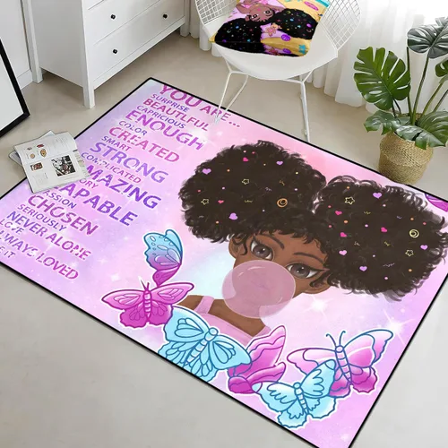 Miniatura 36 de Alfombra de área para dormitorio de niñas negras africanas, alfombra para sala de estar, sala de juegos, azul, lindo anime de dibujos animados