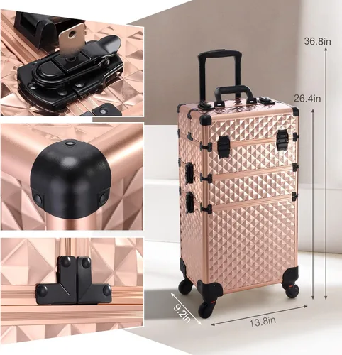 Miniatura 5 de estuche profesional 3 en 1 rodante para maquillaje, estuche de aluminio con ruedas de rotación 360° para artista de maquillaje, maletín cosmético