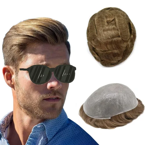 Miniatura 34 de Pieza de pelo para hombre Toupee pelo humano real tupé para hombres piezas de pelo sistema de reemplazo para hombres piel ultra fina 0.002 in 17#