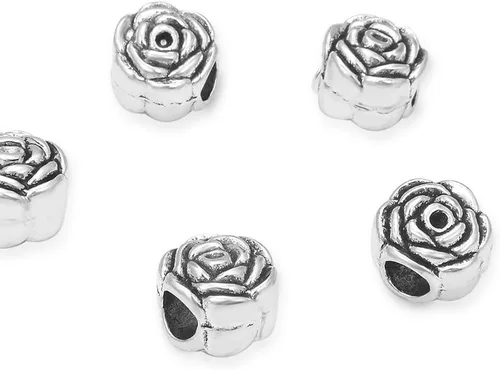 10 cuentas sueltas de gran agujero de flor de rosa (agujero de 0.177 in) espaciador de metal plateado antiguo para manualidades de joyería MEC-E3