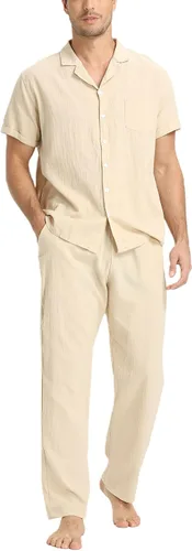 Miniatura 16 de RPOVIG Conjunto de camisa de lino y pantalones: conjuntos de lino de 2 piezas para hombre, camisas de manga corta, pantalones de yoga, trajes