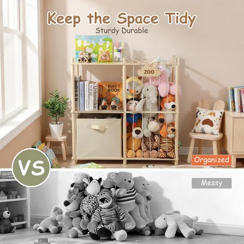 Miniatura 7 de LAMU Almacenamiento de animales de peluche, organizador de animales de madera con rellenos de zoológico con cordones elásticos, organizadores