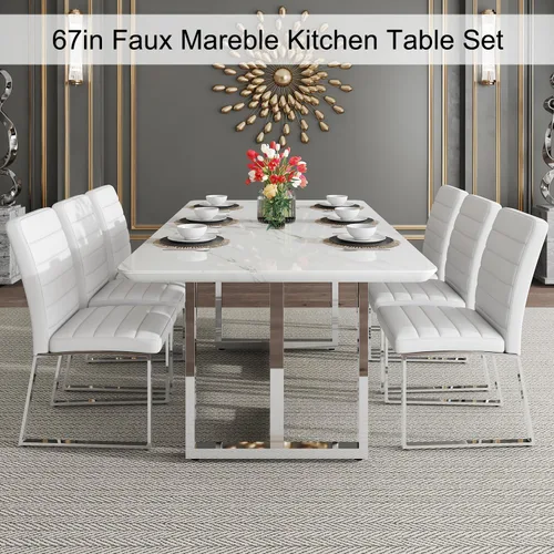 Miniatura 3 de Juego de mesa de comedor moderno de 67 pulgadas para 6, juego de mesa de cocina blanca, juego de mesa de comedor de lujo con mesa de mármol