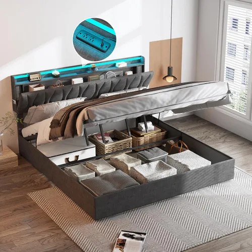 Miniatura 11 de Fameill Marco de Cama Twin con Almacenamiento Elevable, Cabecera Ajustable, Estación de Carga, Luces LED, Listones de Madera, Sin Ruido, No Requiere
