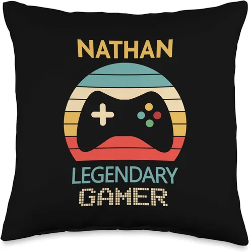 Gamer Nathan Nombre Regalos Nathan Nombre Regalo Gamer Decoración Niños Dormitorio Accesorios Almohada Tiro, 16x16, Multicolor