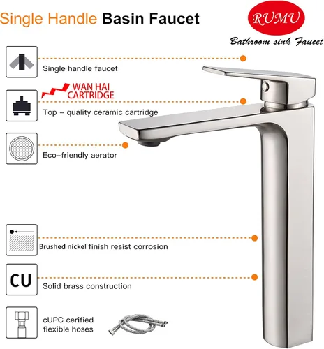 Miniatura 5 de VOTON - Grifo de lavabo para baño de níquel cepillado, grifo de lavabo de baño de una sola manija alto, grifo de lavabo de baño de mueble, grifo