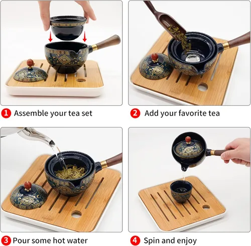 Miniatura 3 de LURRIER Juego de té chino de porcelana Gongfu, juego de tetera portátil con rotación de 360 grados, tetera y infusor, juego todo en uno portátil