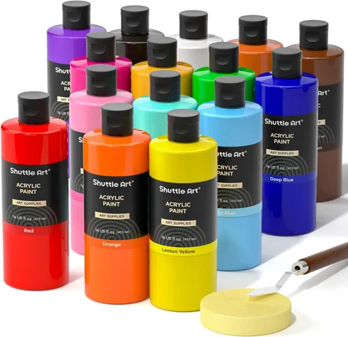 Pintura acrílica Shuttle Art, juego de botellas grandes de pintura acrílica de 15 colores, 473 ml/16 oz cada una, pigmentos ricos, alta viscosidad,
