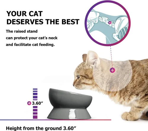 Miniatura 6 de Y YHY Cuenco elevado para comida para gatos, cuenco elevado para alimentos y agua para mascotas, cerámica, 15 onzas Gris