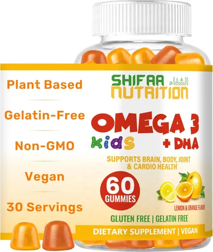SHIFAA NUTRITION Halal Omega 3 para niños con gomitas DHA para el desarrollo cerebral, apoyo cardíaco e inmunológico, a base de plantas, sin OMG,