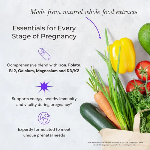 Miniatura 6 de Vitaminas prenatales de alimentos integrales (120 cápsulas), apoyo natural para la salud materna y fetal, multivitamínico prenatal para mujeres