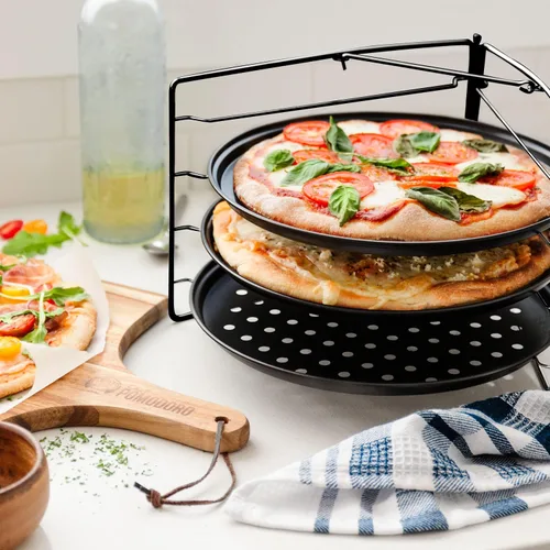 Miniatura 7 de Chef Pomodoro Juego de pizza para hornear con 3 bandejas para pizza y estante para pizza, (sartenes de 11 pulgadas), bandejas perforadas