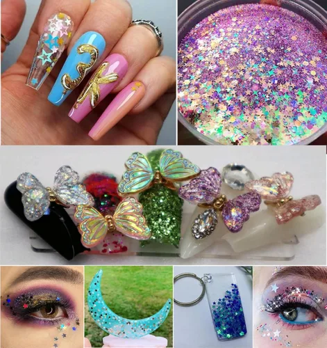 Miniatura 3 de LoveOurHome 6 colores de estrellas y lunas con purpurina gruesa, escamas de resina epoxi, accesorios holográficos, estrellas negras y azules