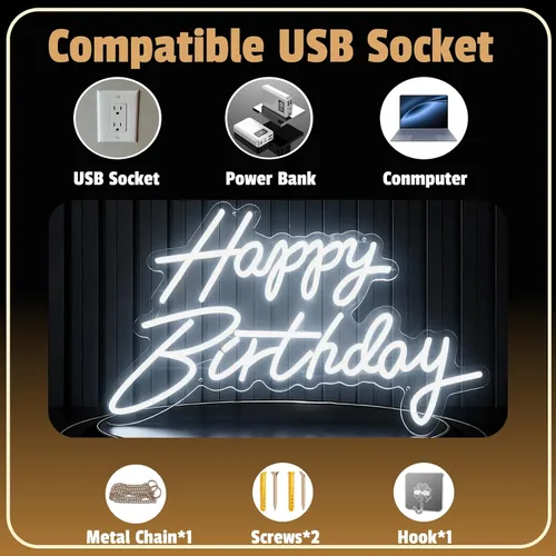 Miniatura 3 de Letrero de neón con texto en inglés "Happy Birthday", letras LED acrílicas de 19.6 x 11.8 pulgadas, letras iluminadas, letreros LED de neón