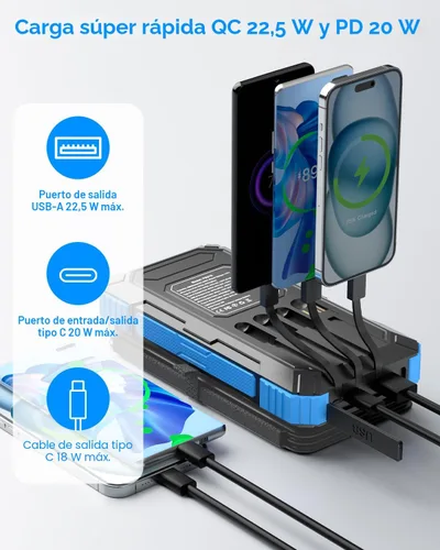 Miniatura 3 de Cargador Solar Power Bank 49800mAh con 4 cables integrados y 3 paneles plegables, cargador de teléfono portátil rápido PD22.5W, paquete de batería