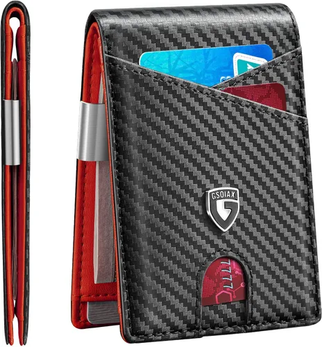 Miniatura 27 de GSOIAX Cartera delgada de cuero plegable RFID para hombre, billetera minimalista con bolsillo frontal con clip para dinero, 12 ranuras para Negro