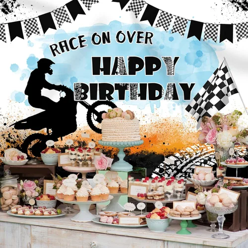 Miniatura 5 de Telón de fondo de motocicleta con texto en inglés "Race On Over Motocross Racing Fotografía", decoración de fiesta de cumpleaños, suministros