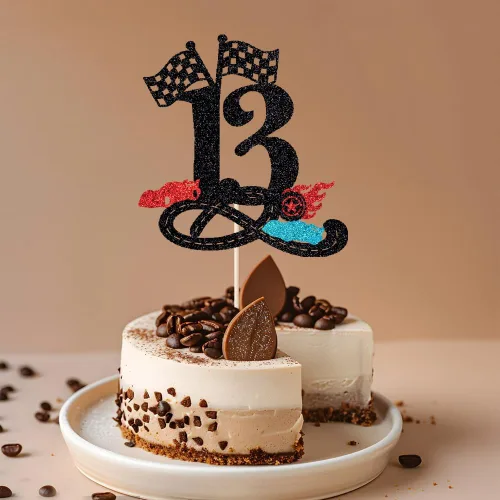 Miniatura 3 de Decoración para tartas de cumpleaños número 13, decoración para tartas de trece años con purpurina rápida, bandera a cuadros, pista de carreras