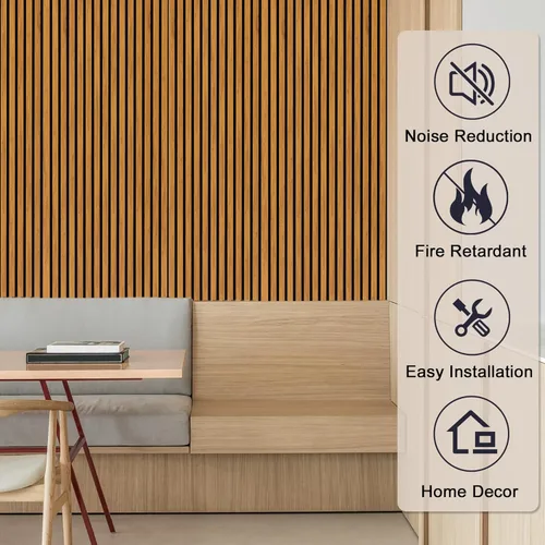 Miniatura 4 de Gaahing Paquete de 2 paneles de pared con acabado de madera, paneles acústicos de listones 3D para estudio de grabación, oficina, decoración Nogal
