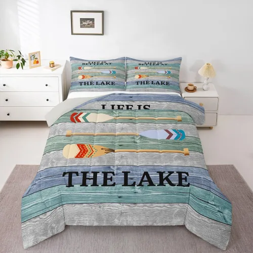 Miniatura 10 de Erosebridal Juego de edredón de barco muelle, juego de ropa de cama con diseño de paleta de lago, tamaño individual para niños, adolescentes