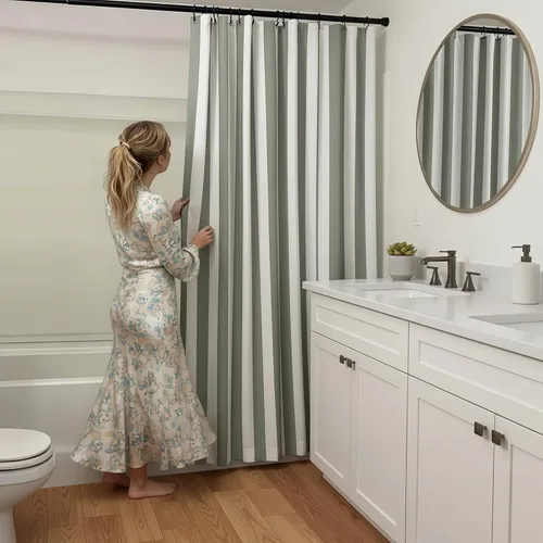 Miniatura 5 de Hermosa cortina de ducha bohemia a rayas para tu baño, elegante cortina verde salvia de 72 x 72 pulgadas que se adapta perfectamente a cualquier