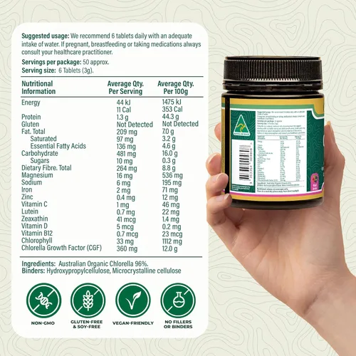 Miniatura 4 de Biogenesis Tabletas orgánicas de Chlorella – 300 unidades (500 mg) bayas mixtas Cultivado en Australia Pared celular agrietada BioDynamic Rico