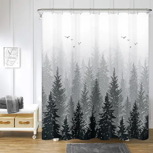 Miniatura 11 de Hokibero Cortinas de Ducha de Tela con Diseño de Bosque Brumoso Azul, Montaña, Naturaleza, Árbol para Baño, Impermeables, Resistentes, Azul Marino