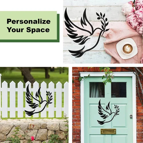 Miniatura 4 de Vivegate Dove of Peace - Arte de pared de metal con rama de olivo – ramas de olivo con contorno negro, decoración de pared de metal de paloma blanca