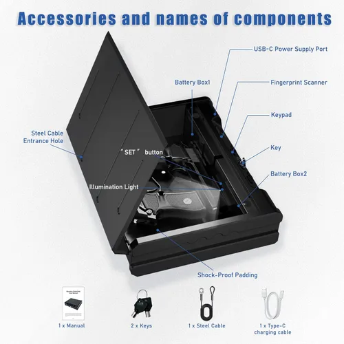 Miniatura 4 de Caja fuerte biométrica para pistolas - Caja fuerte para armas de mano de acceso rápido con huella dactilar y teclado digital Para 2 pistolas