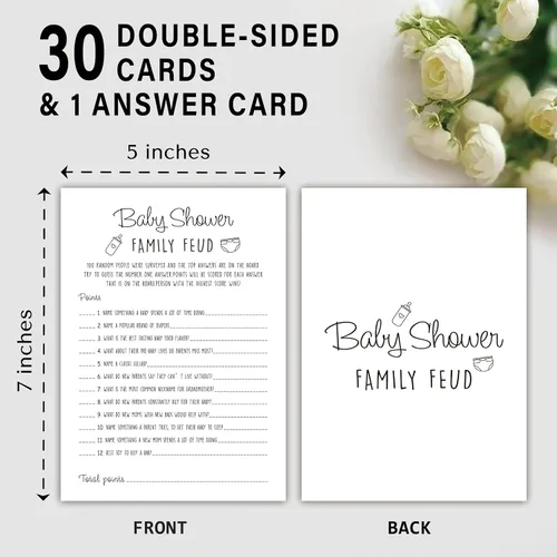 Miniatura 2 de Family Feud - Juego de baby shower, paquete de 30 tarjetas, clave de respuestas, decoraciones de género neutro, suministros de juego