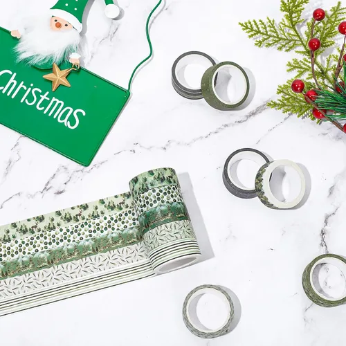 Miniatura 4 de Whaline 12 Rollos Cinta Washi Bosque Verde Acuarela Vegetación Navideña Cinta de Enmascarar Patrón de Plantas de Árboles Verdes del Bosque Cinta