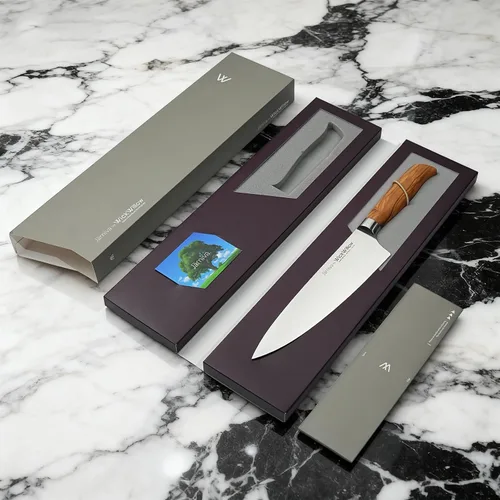 Miniatura 7 de WICKWILLOW - Cuchillo de chef de 8 pulgadas – Cuchillo de cocina de acero sueco ultra afilado con mango de madera de olivo italiano – Cuchillo