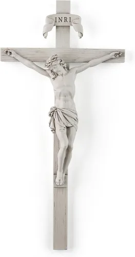 Crucifijo católico BC de pared, 10 pulgadas de alto, decoración del hogar de Jesucristo, regalo religioso, aspecto tallado en madera, acabado gris y