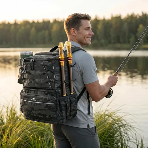 Miniatura 9 de MATEIN Mochila para Pesca, Bolsa de Equipo de Pesca Resistente al Agua con Soportes para Caña de Pescar y Enfriador, Regalos de Equipo para Hombres