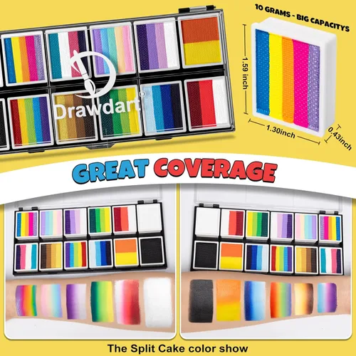 Miniatura 8 de Drawdart Kit profesional de pintura facial para niños y adultos, paleta de pintura facial Split Cake 12 x 10gm con plantilla, juego de pintura 12