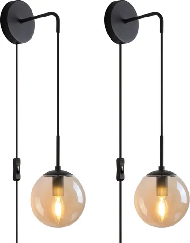 Juego de 2 apliques de pared color negro mate Lámparas de pared para dormitorio, juego de 2 con pantalla de vidrio ámbar globo, lámpara de pared