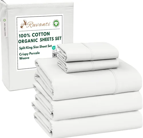 Miniatura 31 de RUVANTI Juego de sábanas de algodón orgánico 100% tamaño completo, tejido de percal, certificado GOTS, juego de 4 piezas, bolsillo profundo de 15