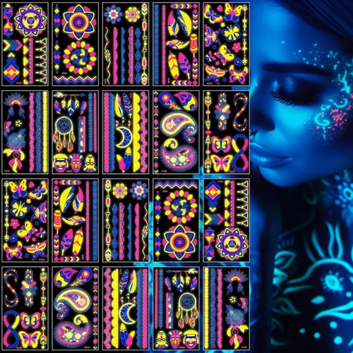 Tatuajes temporales de neón que brillan en la oscuridad, 20 hojas, más de 170 diseños únicos para fiestas y festivales rave