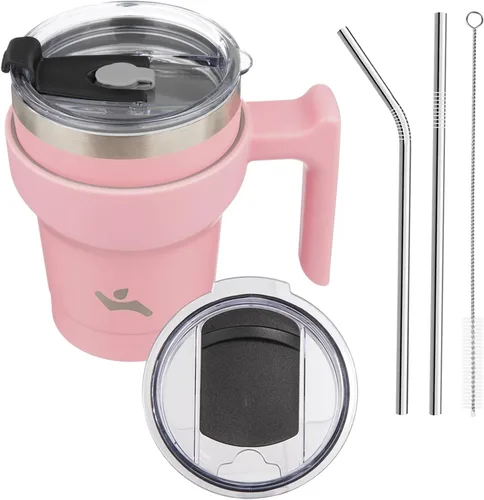 Miniatura 53 de Konokyo - Vaso de 10 onzas con asa y 2 popotes, 2 tapas, botella de agua aislada de acero inoxidable, taza de viaje reutilizable, color verde militar