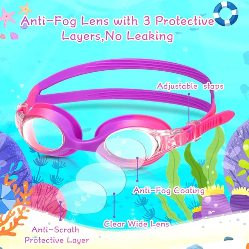 Miniatura 4 de Macarrie 6 gafas de natación para niños, sin fugas, antiniebla, para niños y niñas, con clip para la nariz, tapones para los oídos, de 3 a 14 años