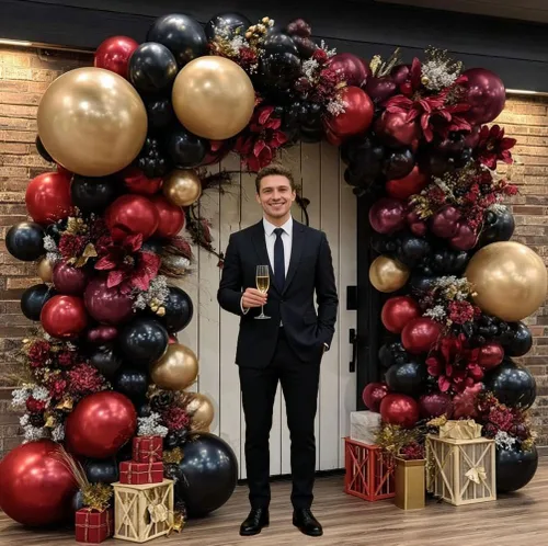 Miniatura 6 de Guirnalda de globos de color burdeos y negro con doble relleno, color rojo oscuro, dorado, granate y negro, kit de arco de globos para cumpleaños