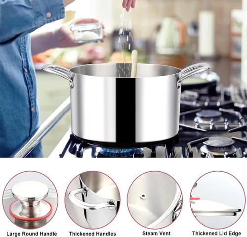 Miniatura 4 de LIANYU Olla de acero inoxidable 18/10 de 6 cuartos con tapa, olla de cocción de sopa resistente de tres capas, olla de cocción de pasta, olla